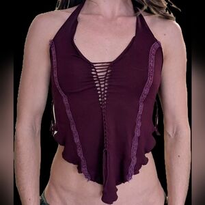 Plunge Halter Cut-Tie Front Tank Top in Deep Plum